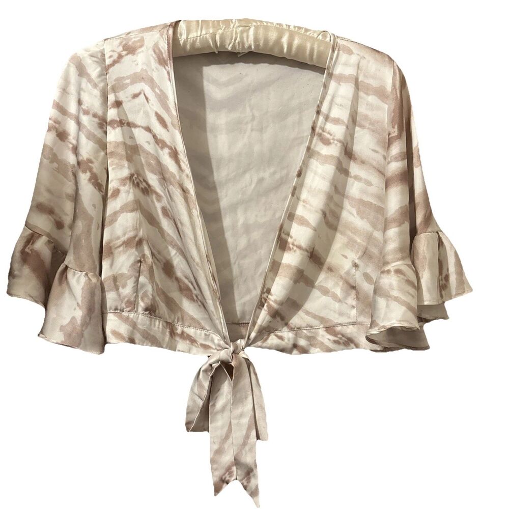 SURF GYPSY Brown Tie Dye Print Tie Front Cropped Bell Sleeve Top Size M